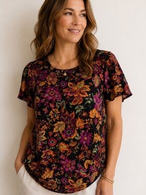 Jewel Tone Floral Rayon Top NWT | Petite Boho Cottagecore · Norton McNaughton